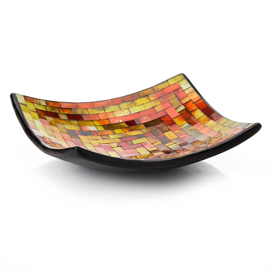 Square shallow bowl with orange, yellow and brown glass mosaic pattern.