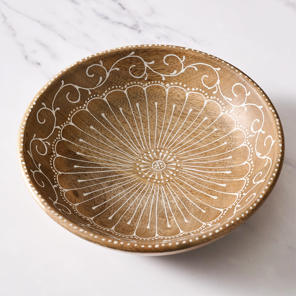 Mango wool bowl with painted white vine design