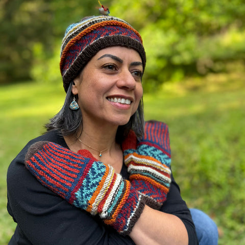 Fair trade multicolored hat hand knit in Nepal.
