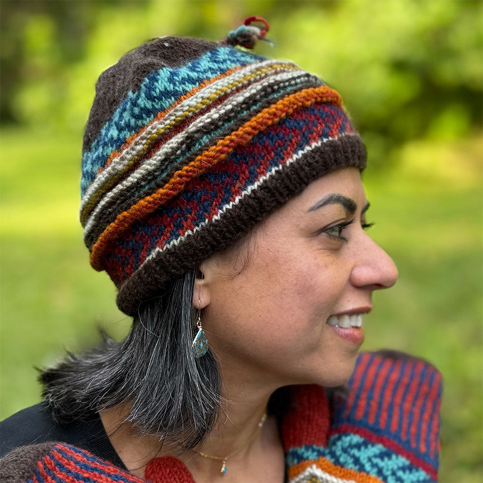 Fair trade multicolored hat hand knit in Nepal.