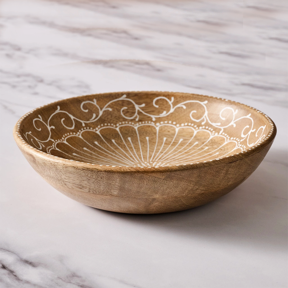 Mango wool bowl with painted white vine design