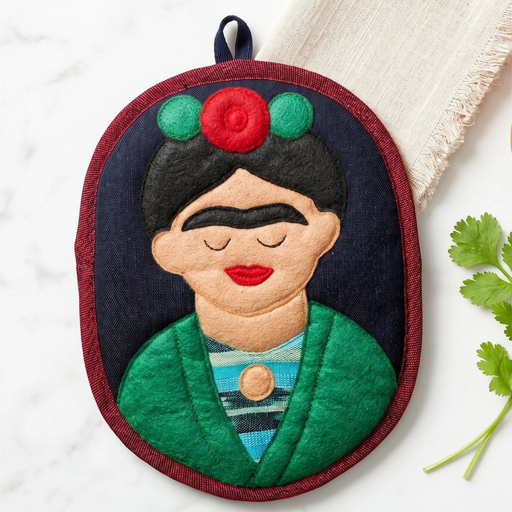 Pot holder with black background and Frida Kahlo design on front.