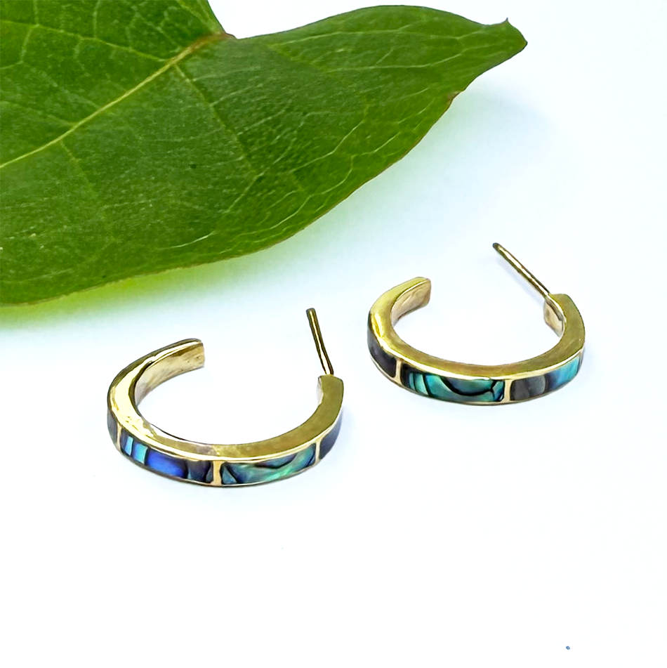 Brass huggies with inlaid abalone shell