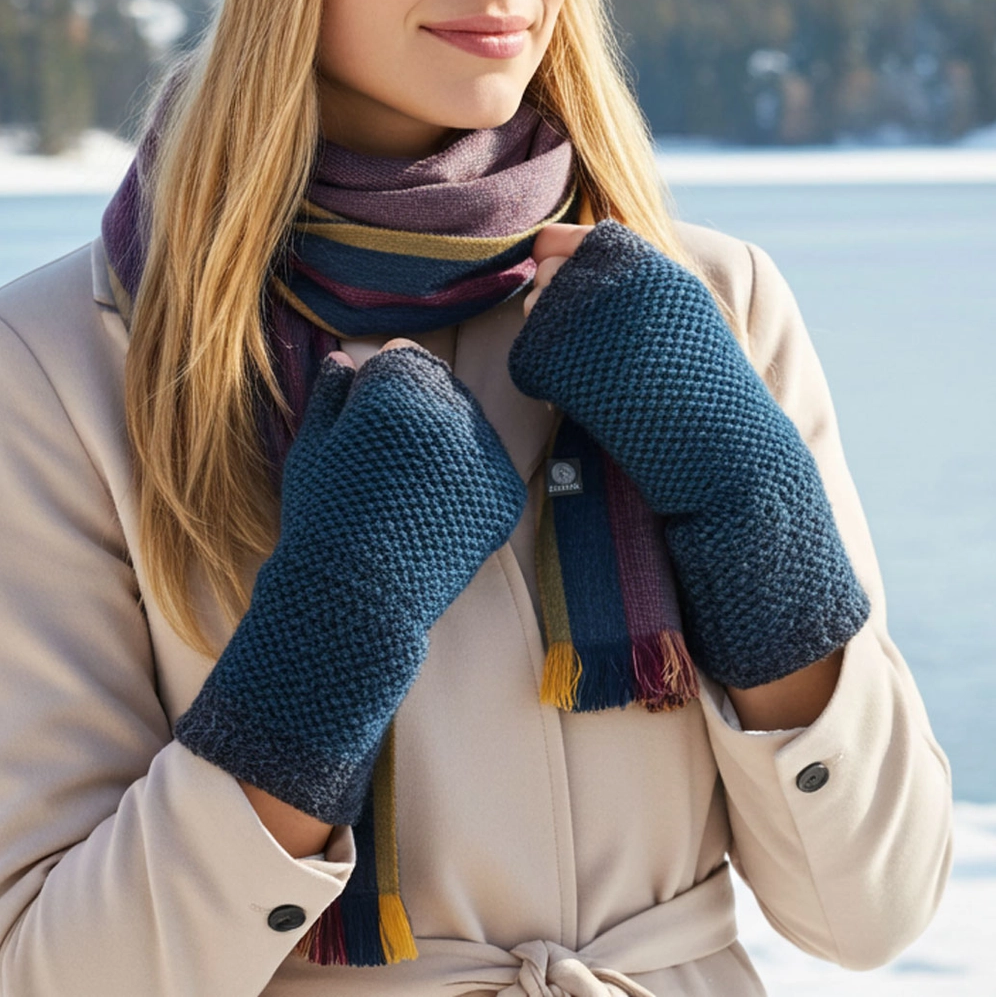 Baby alpaca teal fingerless gloves on model