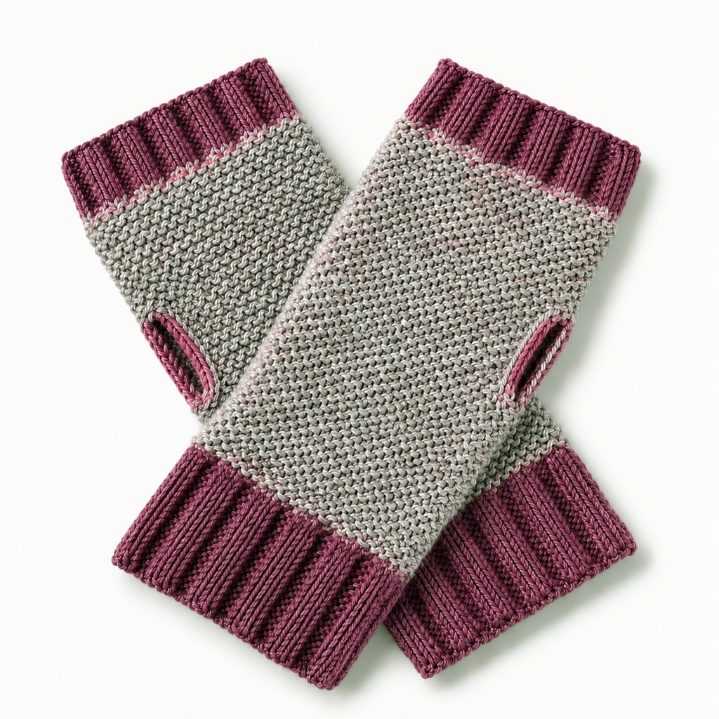 Model with gray and purple alpaca fingerless gloves