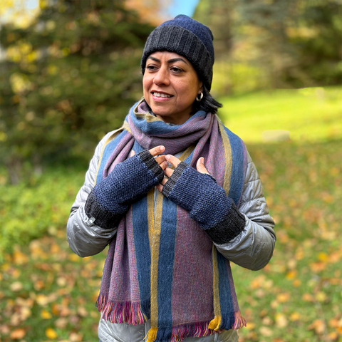 Navy and gray baby alpaca fingerless gloves on model