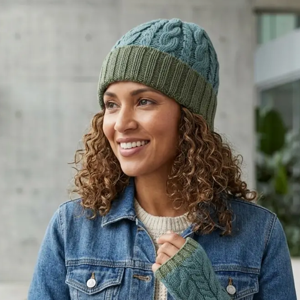 Baby alpaca hat with braided and cuff design in greens on model