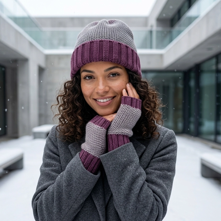 Gray and plum colored baby alpaca hat with a cuff bottom on model