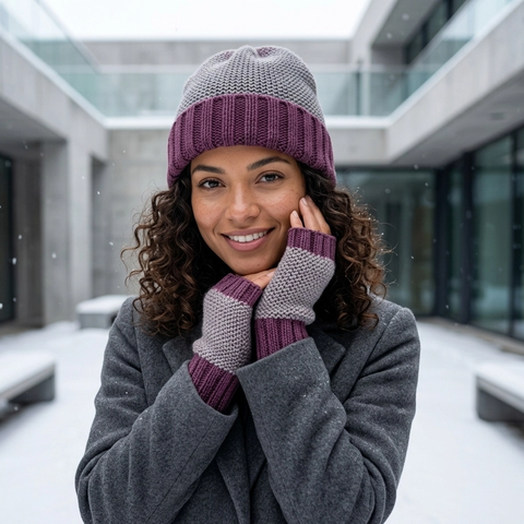Gray and plum colored baby alpaca hat with a cuff bottom on model