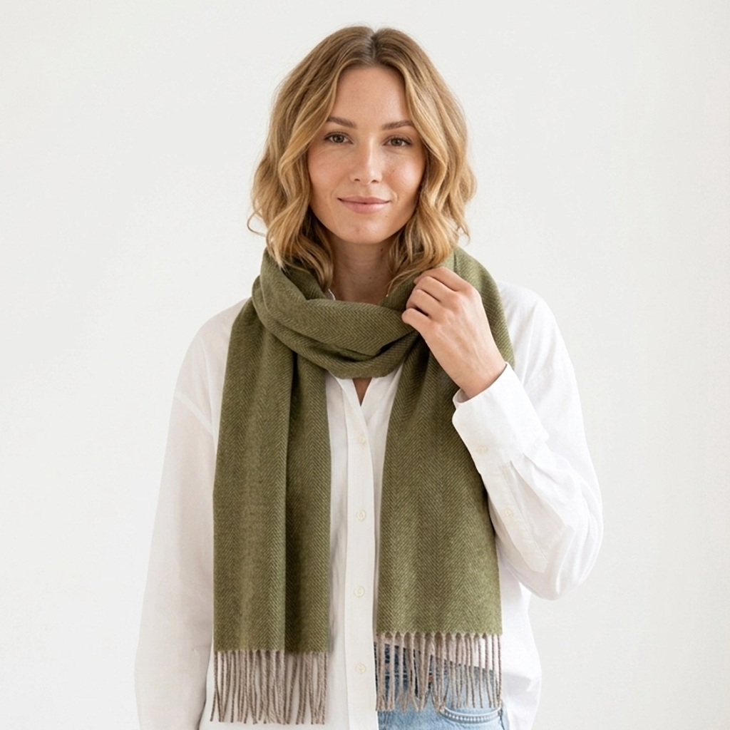 Baby alpaca scarf olive green on model 