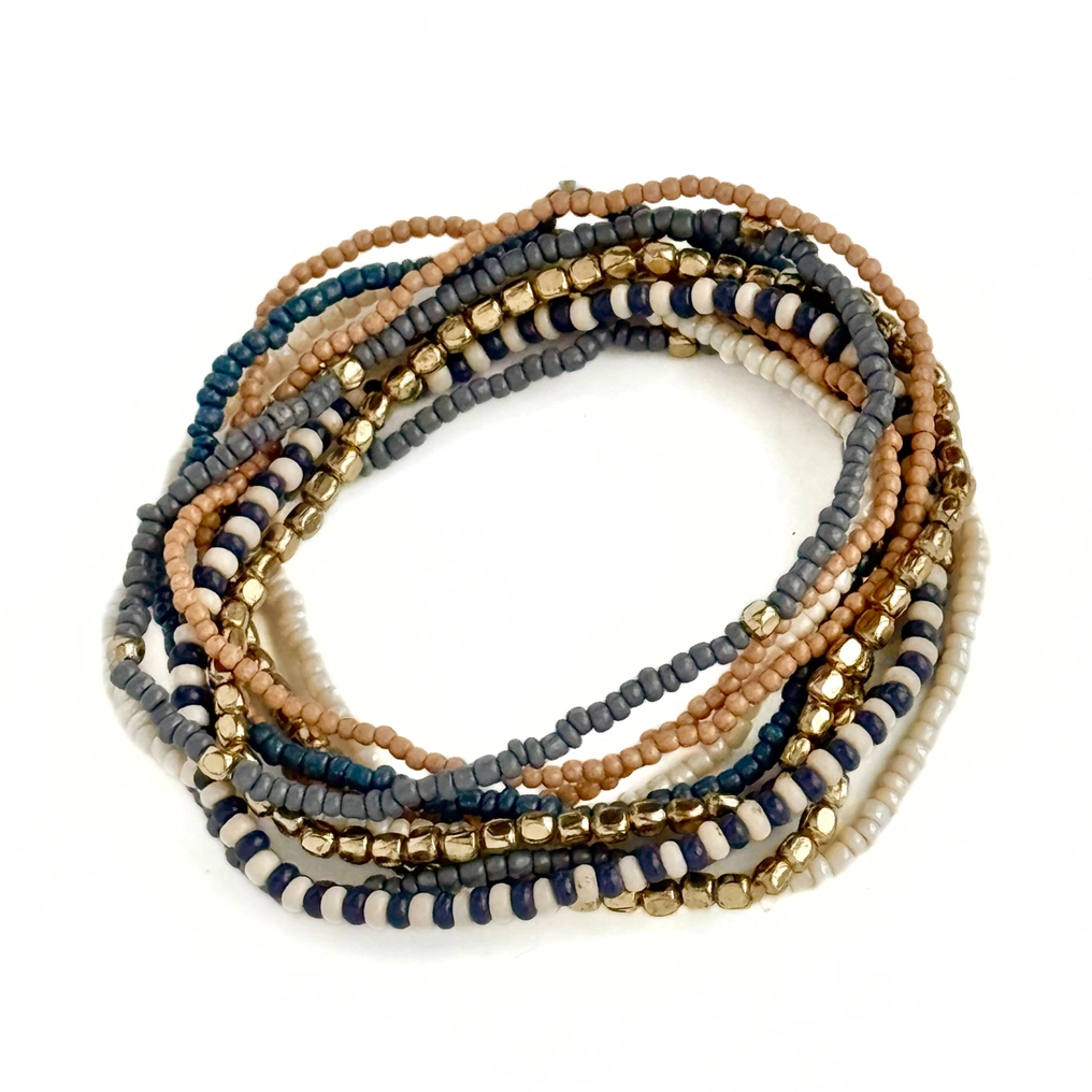 Set of 11 beaded bracelets in natural tones