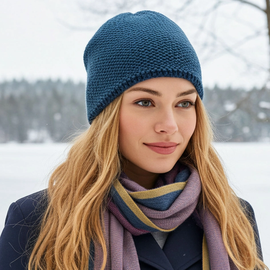Teal baby alpaca beanie hat on model
