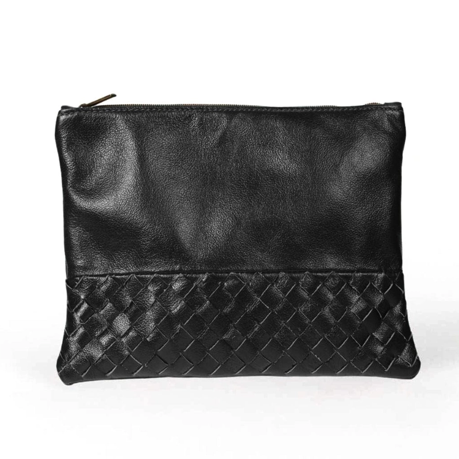 Small black leather pouch with woven design on front.
