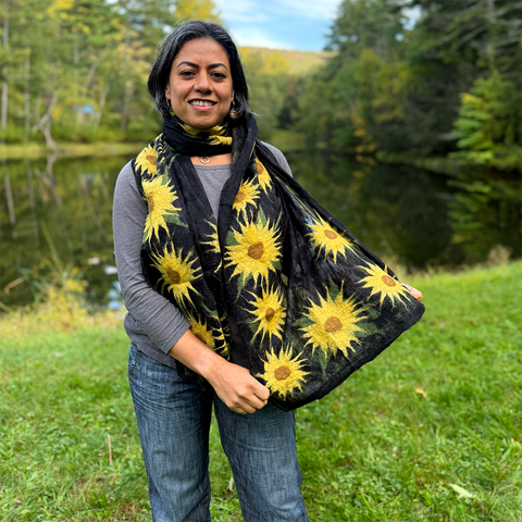 Black felted scarf with large yellow sunflowers