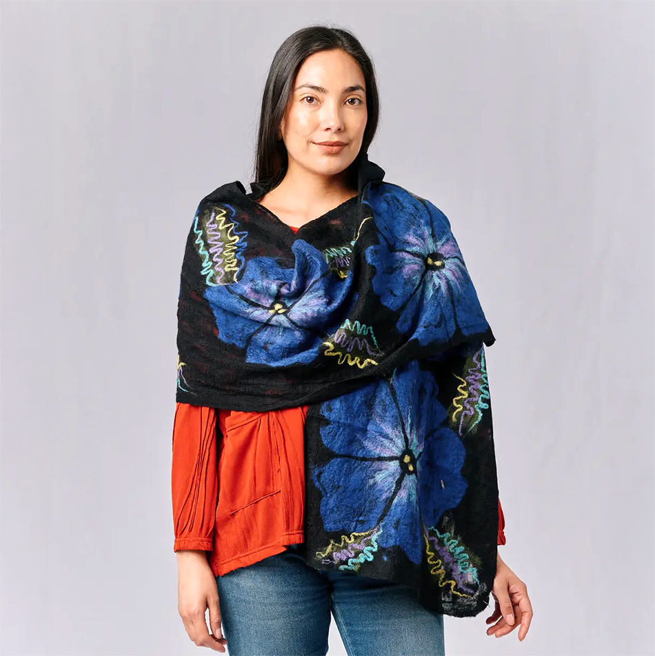 Felted wool scarf with large blue flowers and black background