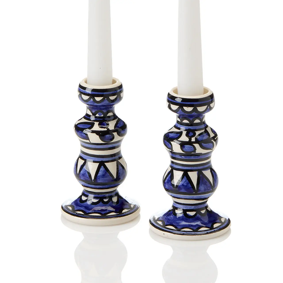Blue and white ceramic candle holders
