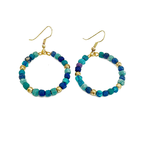 Blue sari fabric and gold hoop earrings