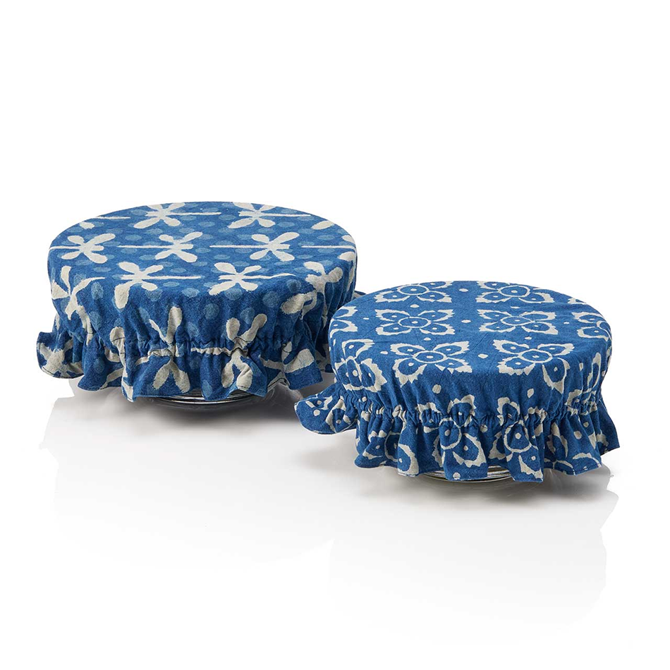 Cotton blue and white indigo bowl covers floral and dragonfly designs.