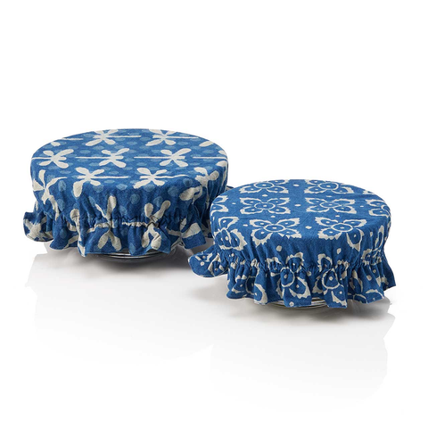 Cotton blue and white indigo bowl covers floral and dragonfly designs.