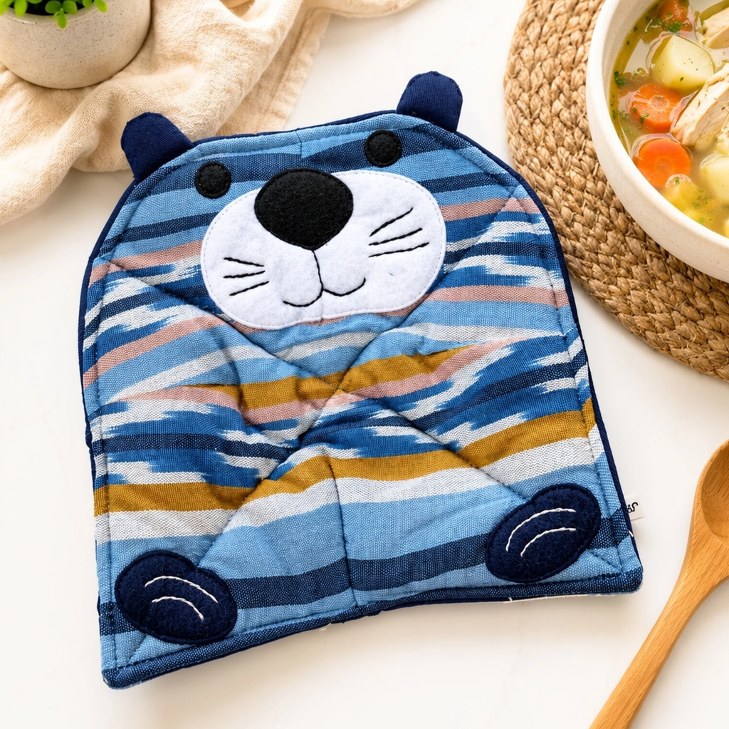 Cotton microwave cozy with sea otter design in blues, tans and white