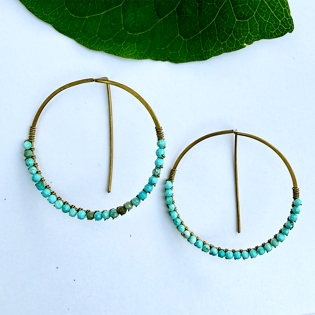 Brass hoops with tiny turquoise stones