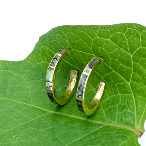 Brass huggies with inlaid abalone shell