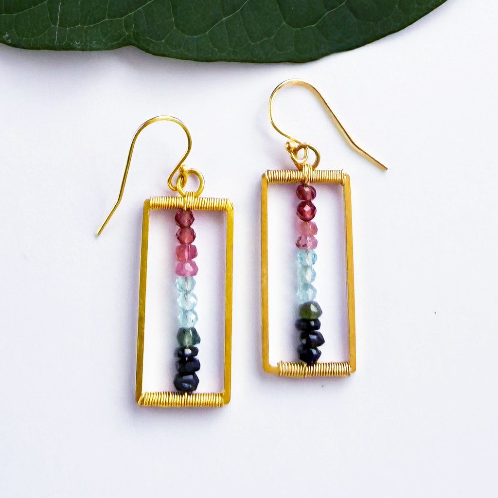 Brass rectangle earrings with mulit-colored tourmaline stones in the center