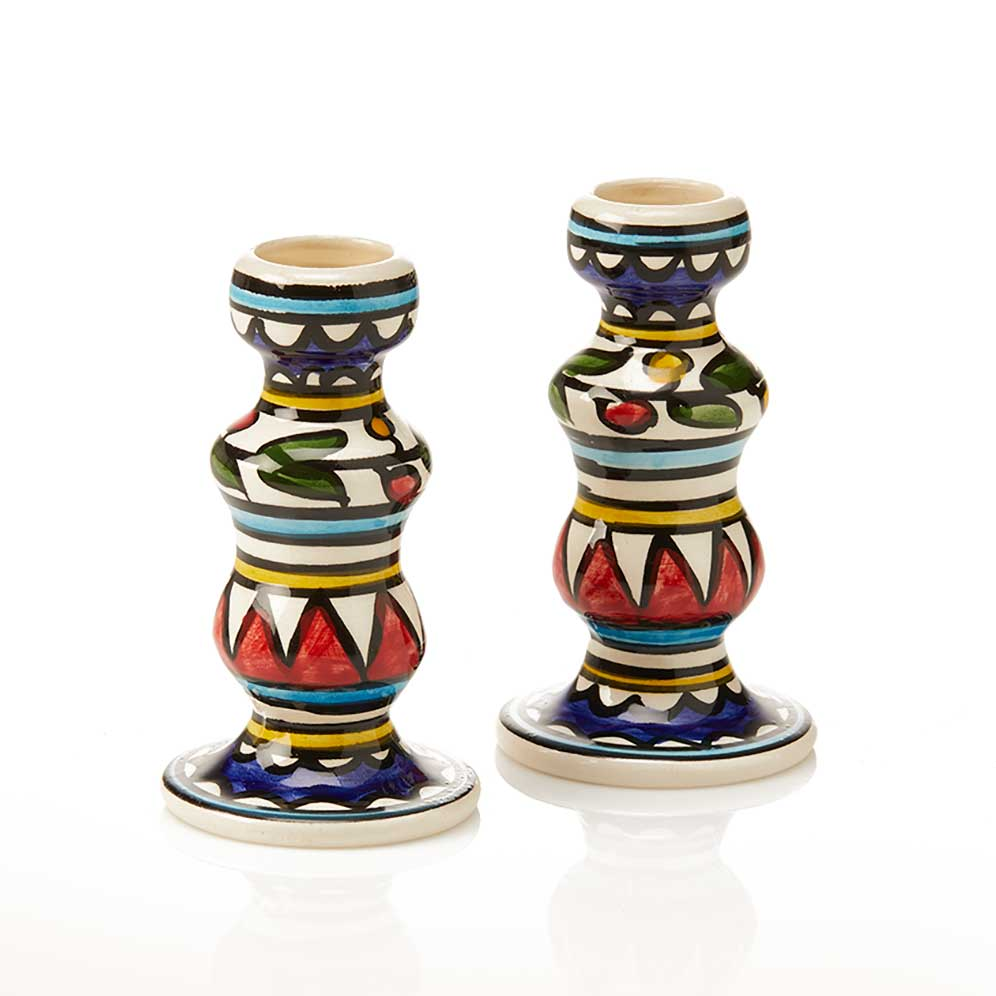 Ceramic hand-painted white candle holders with colorful design