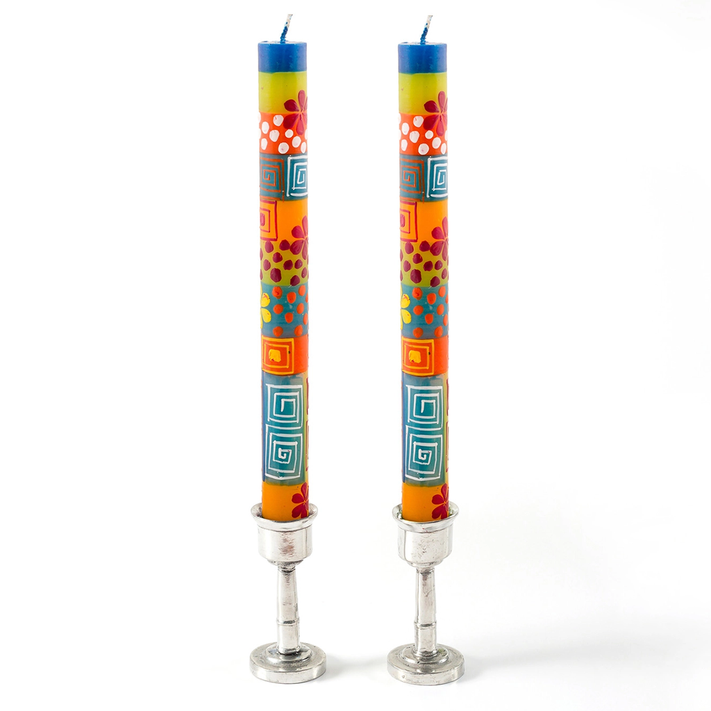 Hand-painted dinner candles orange, yellow, blue design