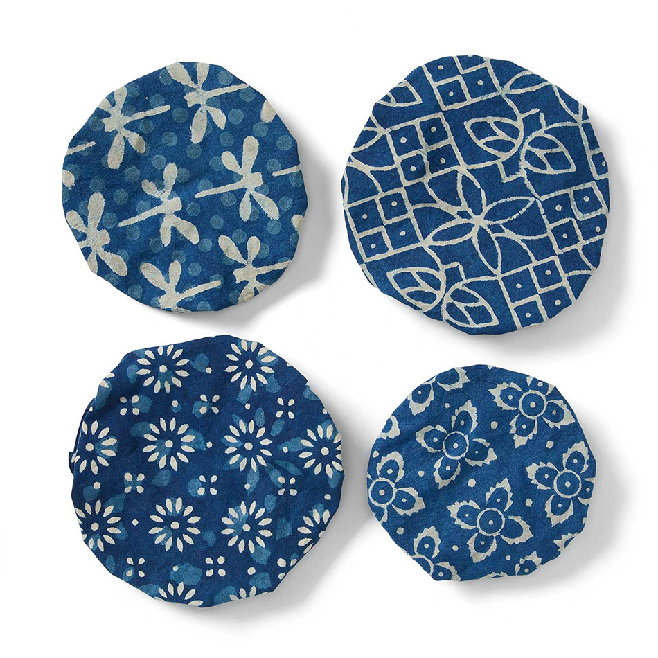 Cotton blue and white indigo bowl covers floral and dragonfly designs.