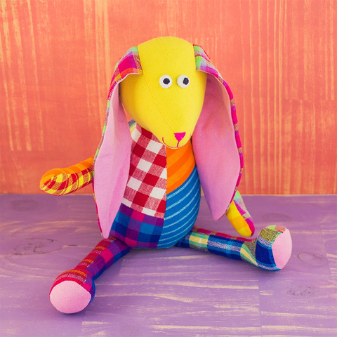 Colorful cotton rabbit toy made of patchwork fabric