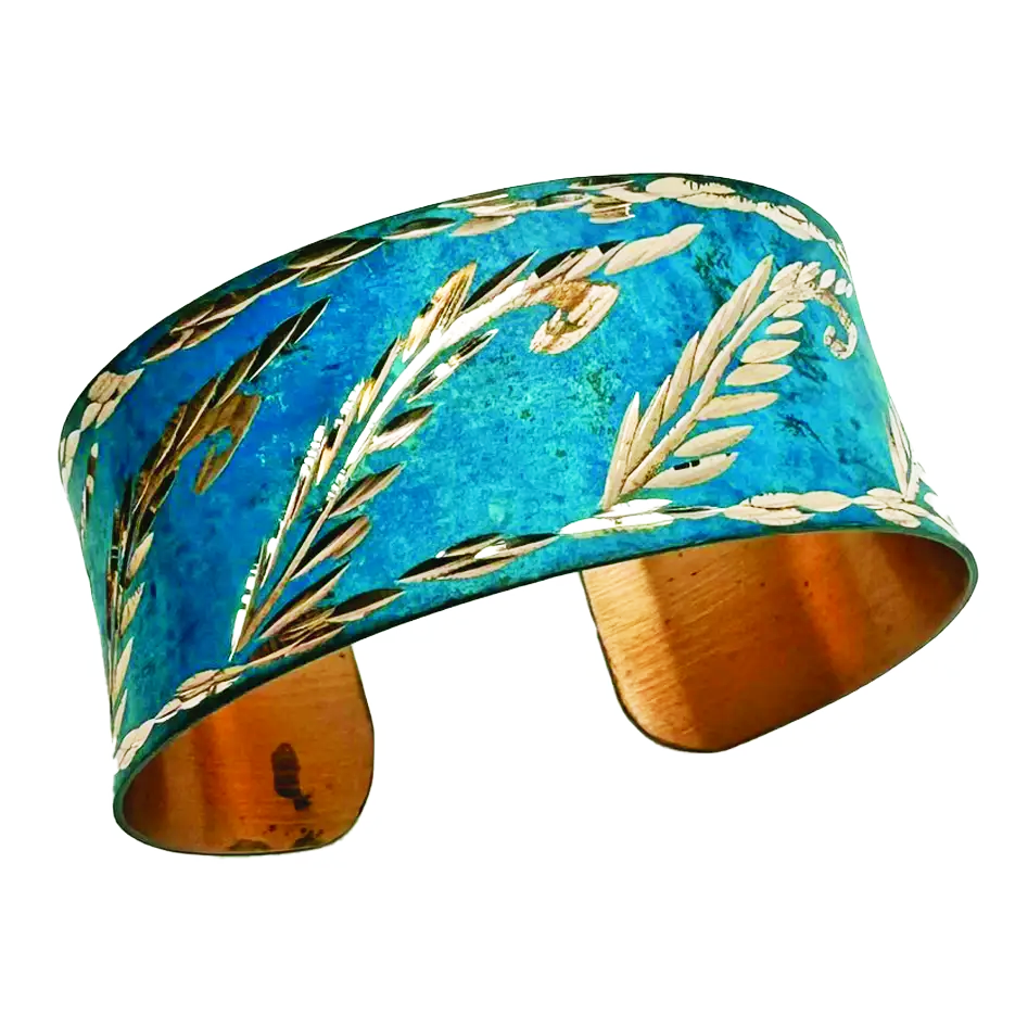 Bright blue copper cuff bracelet with gold leaves