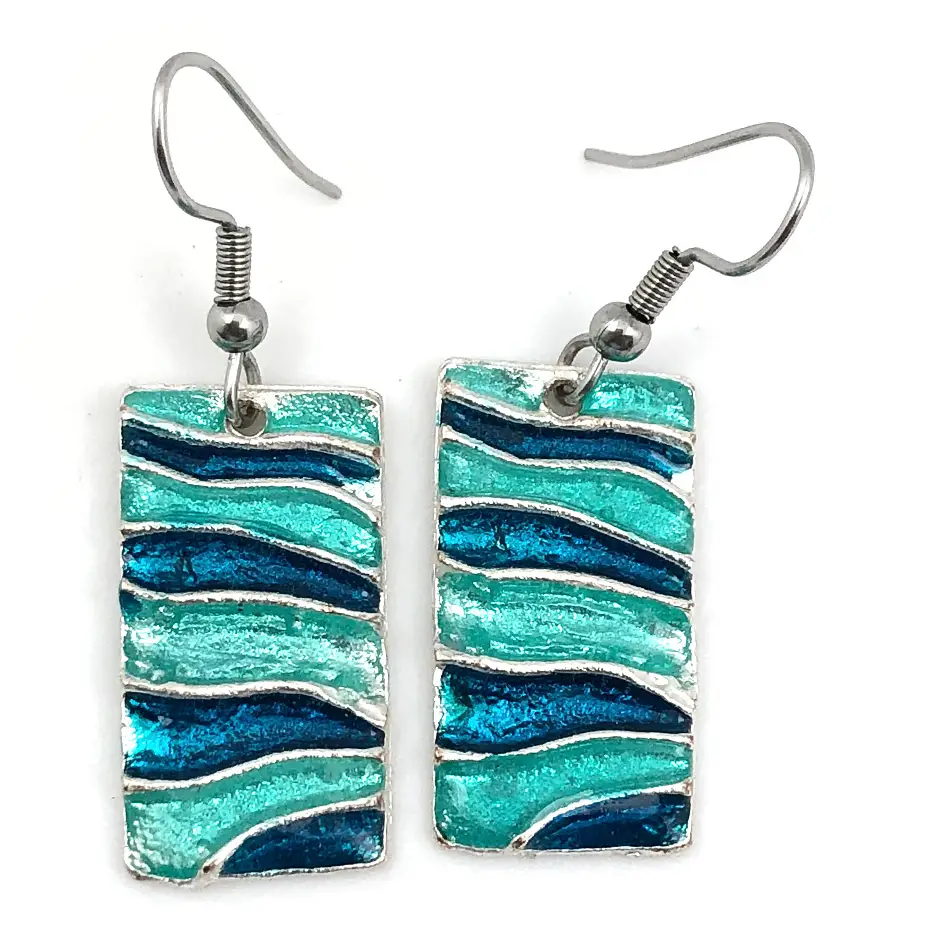 Rectangle shaped pewter earrings with blue wave enamel design