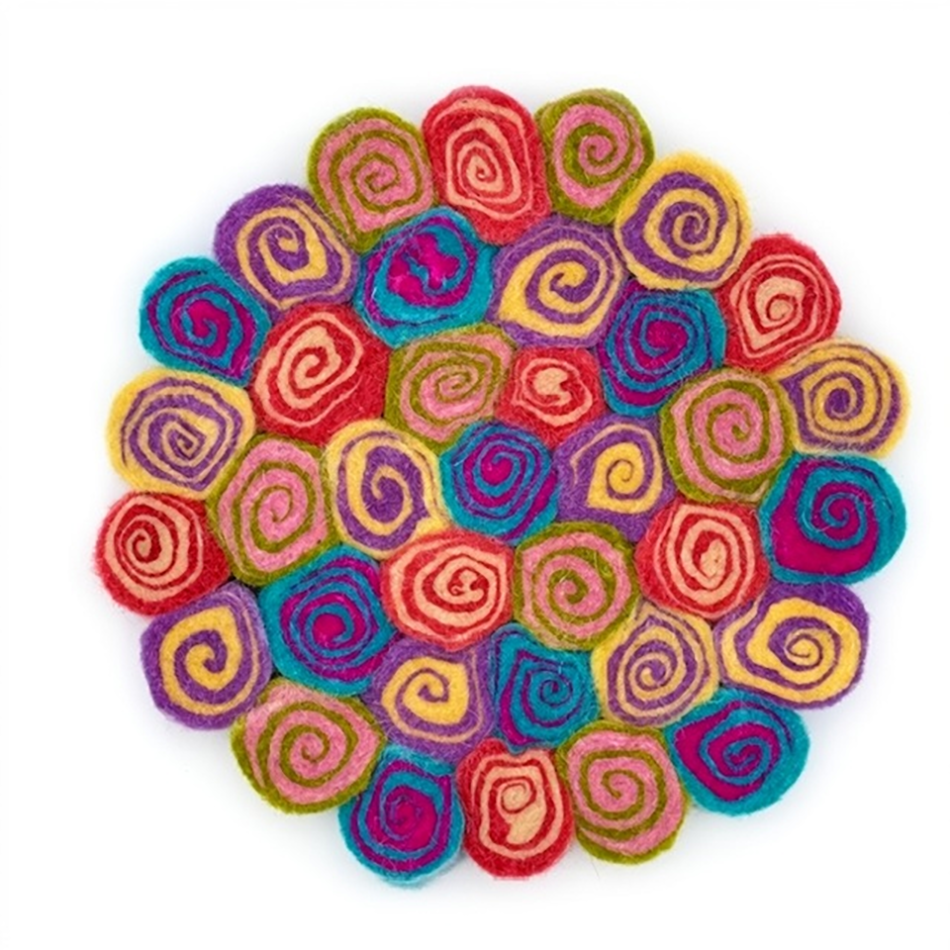 Round colorful felted trivet with swirl design