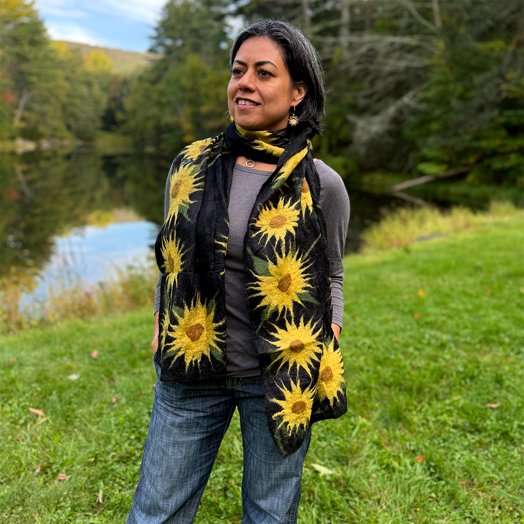 Black felted scarf with large yellow sunflowers