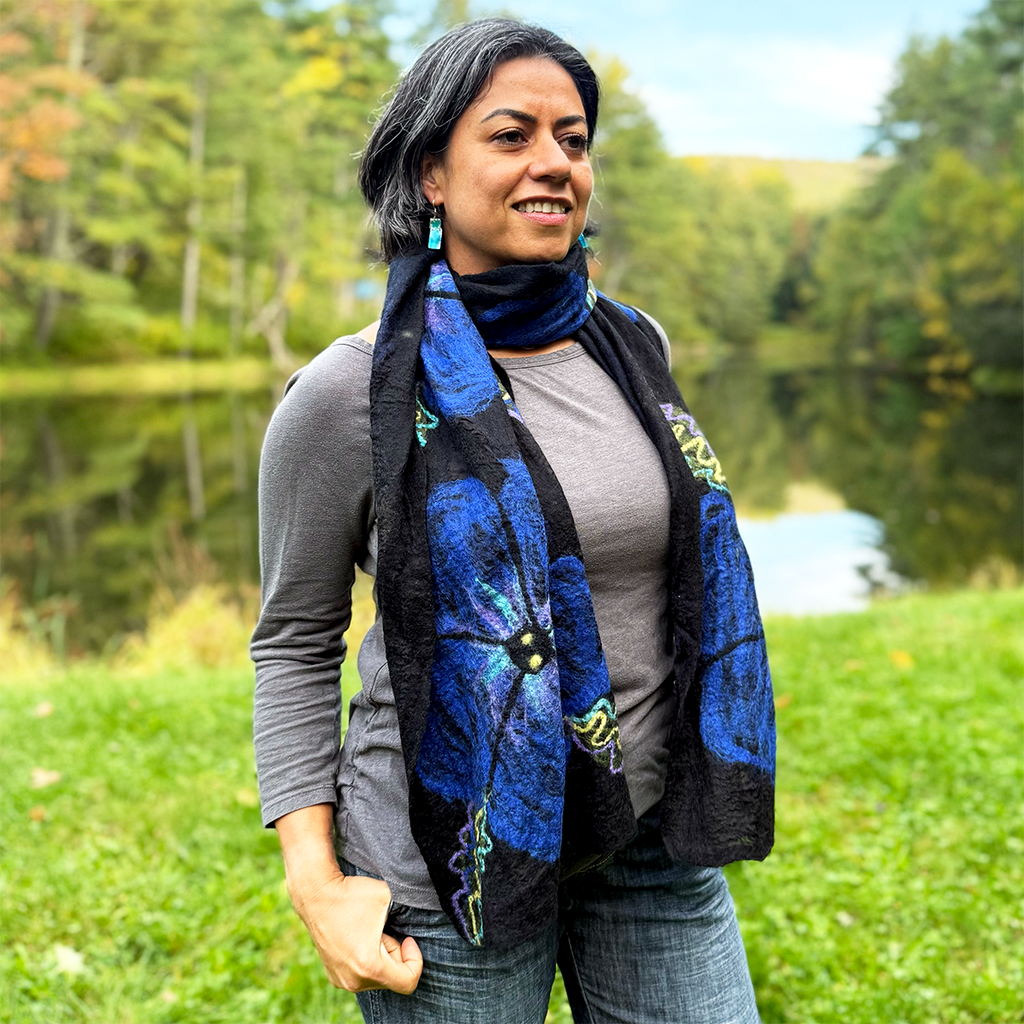 Black felted silk scarf with large blue flowers