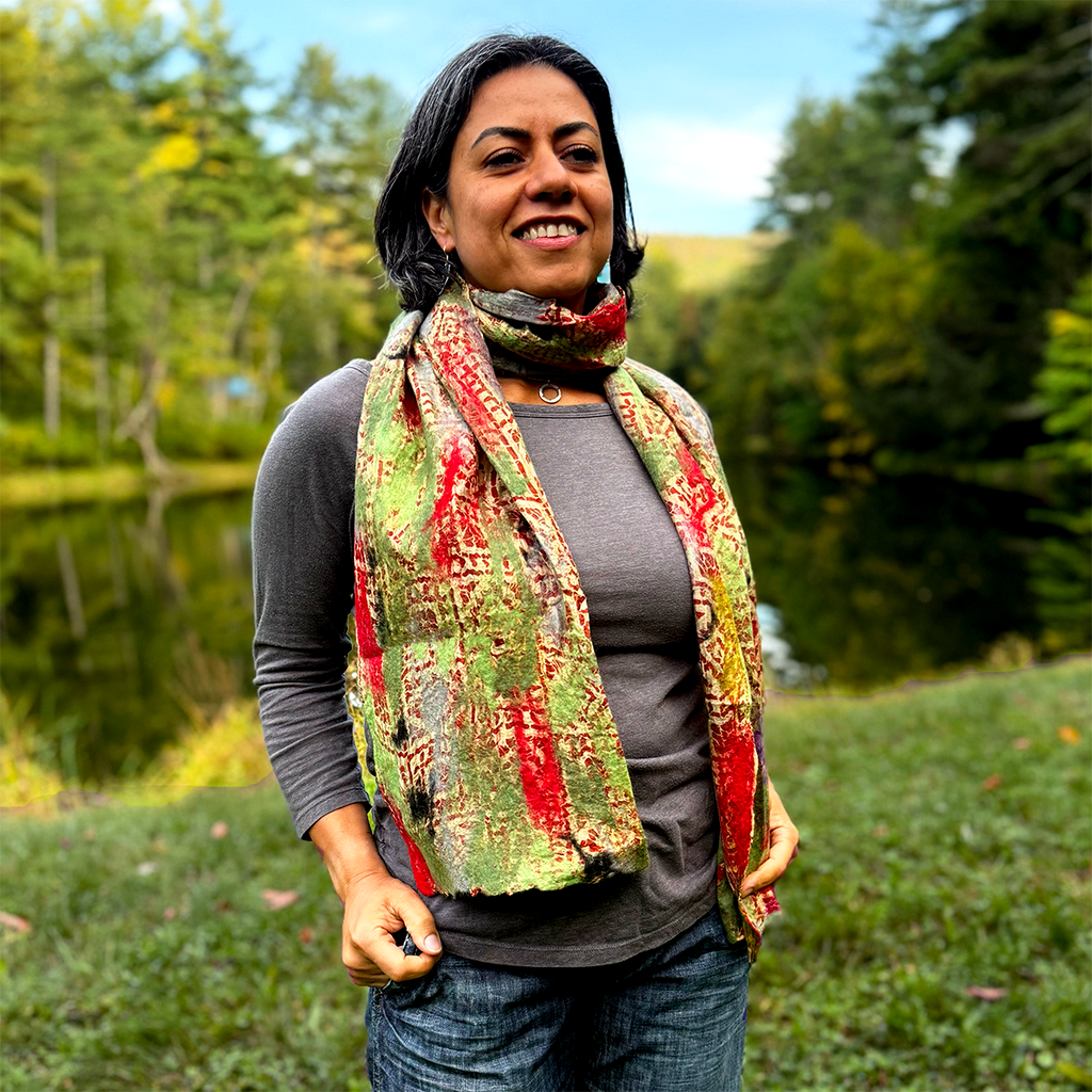 Felt silk scarf with abstract green and red design