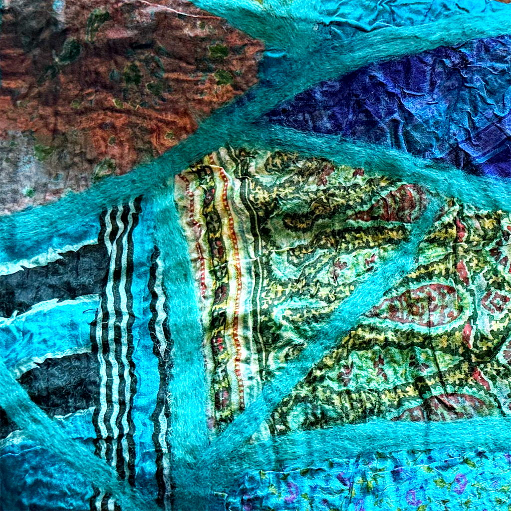 Turquoise felt silk scarf with mosaic colorful patchwork pattern close-up