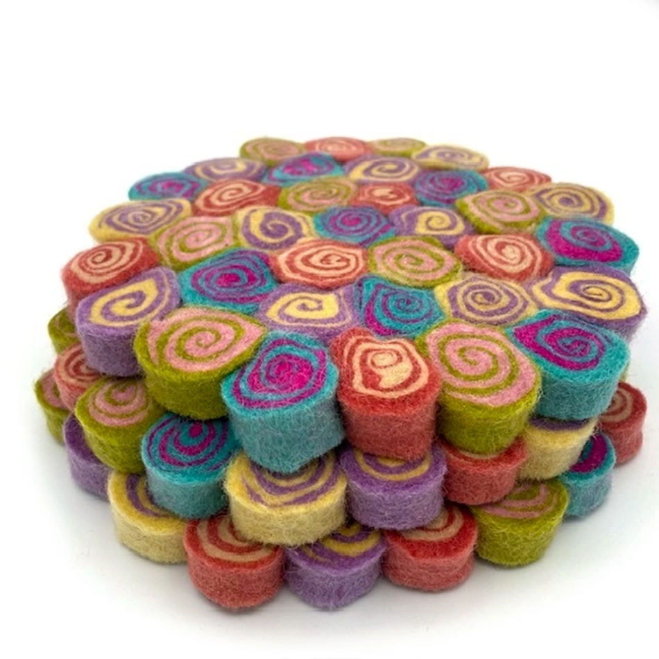 Round colorful felted trivet with swirl design stack of 3