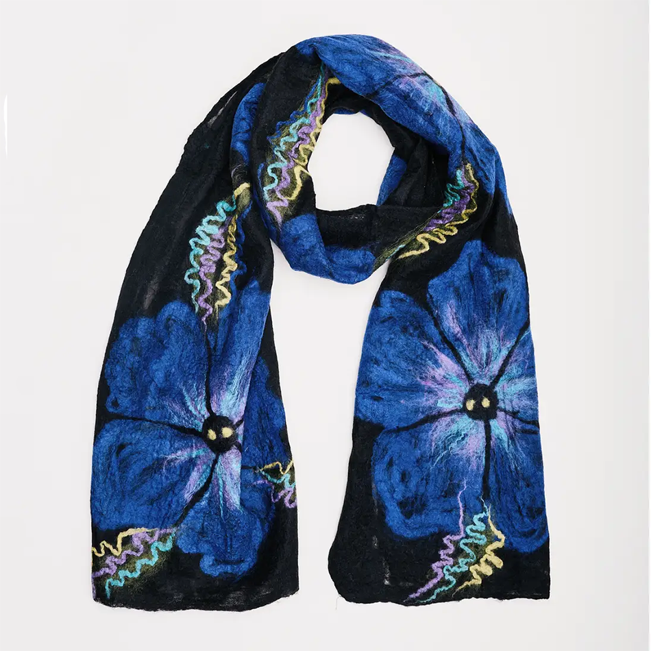 Felted wool scarf with large blue flowers and black background
