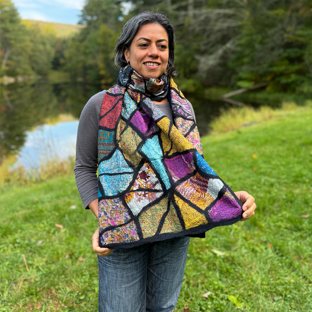 Silk felted scarf with a colorful patchwork mosaic design