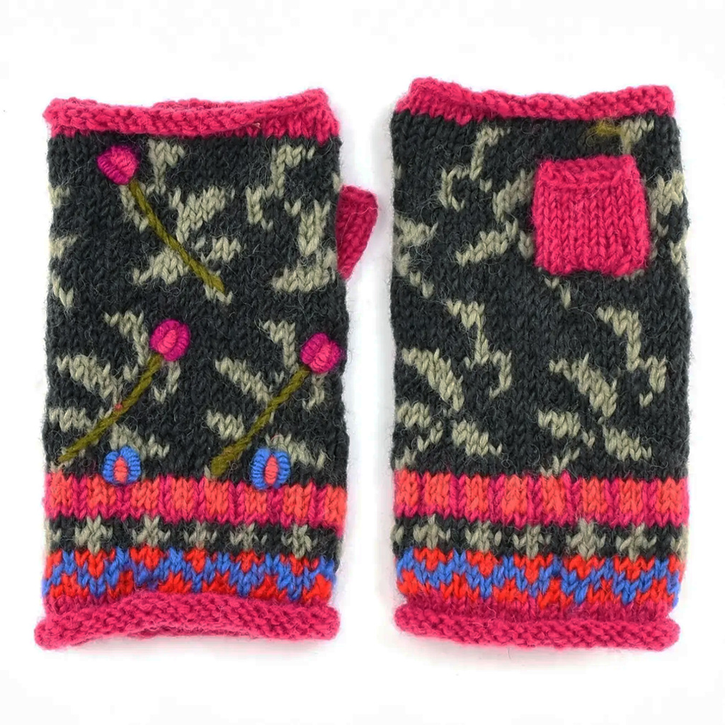 Wool knit fingerless gloves and hat pink black embroidered design 