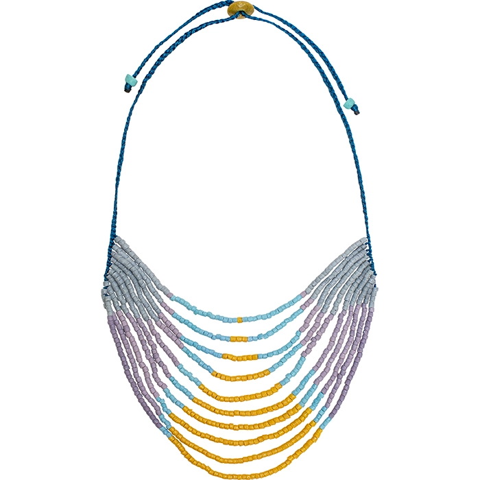 Glass statement necklace with several strand of beads in gold, purple and blue