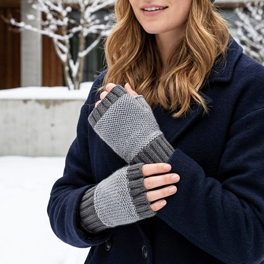 Gray two tone alpaca fingerless gloves on model
