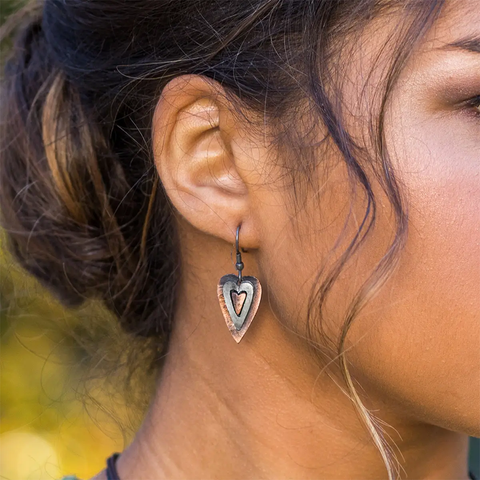 Pewter earrings with  hearts in copper and silver colors