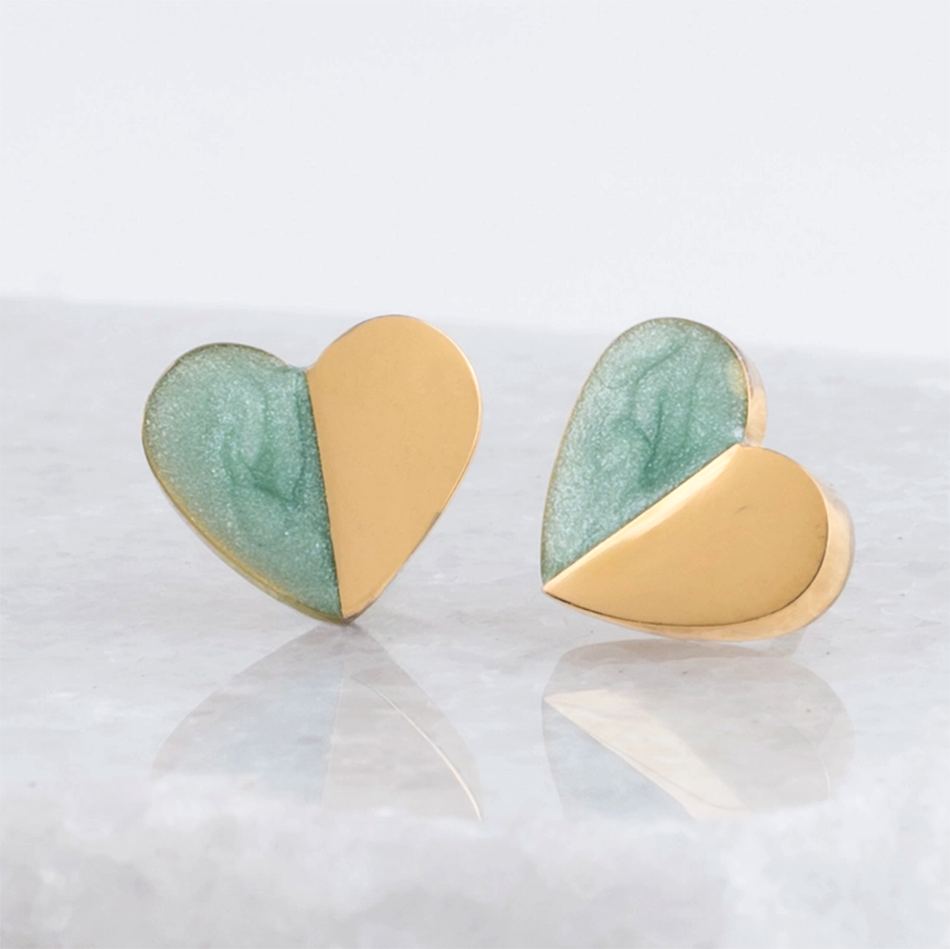 Small post earrings with heart, half gold and half green enamel