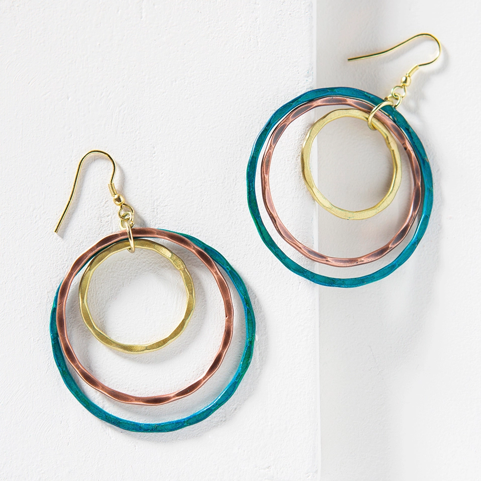 Hoops earrings with 3 hoops, brass, copper and teal blue