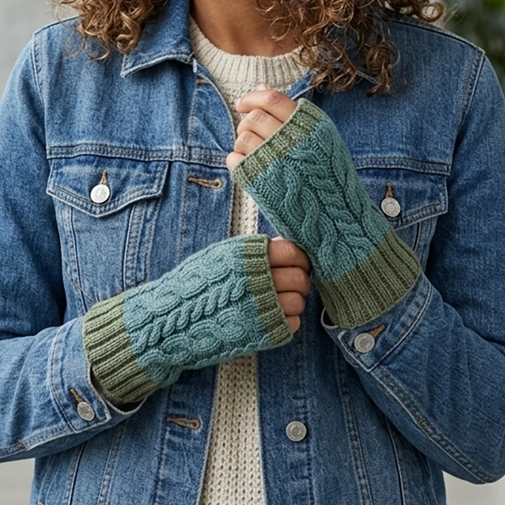 Green baby alpaca fingerless gloves on model