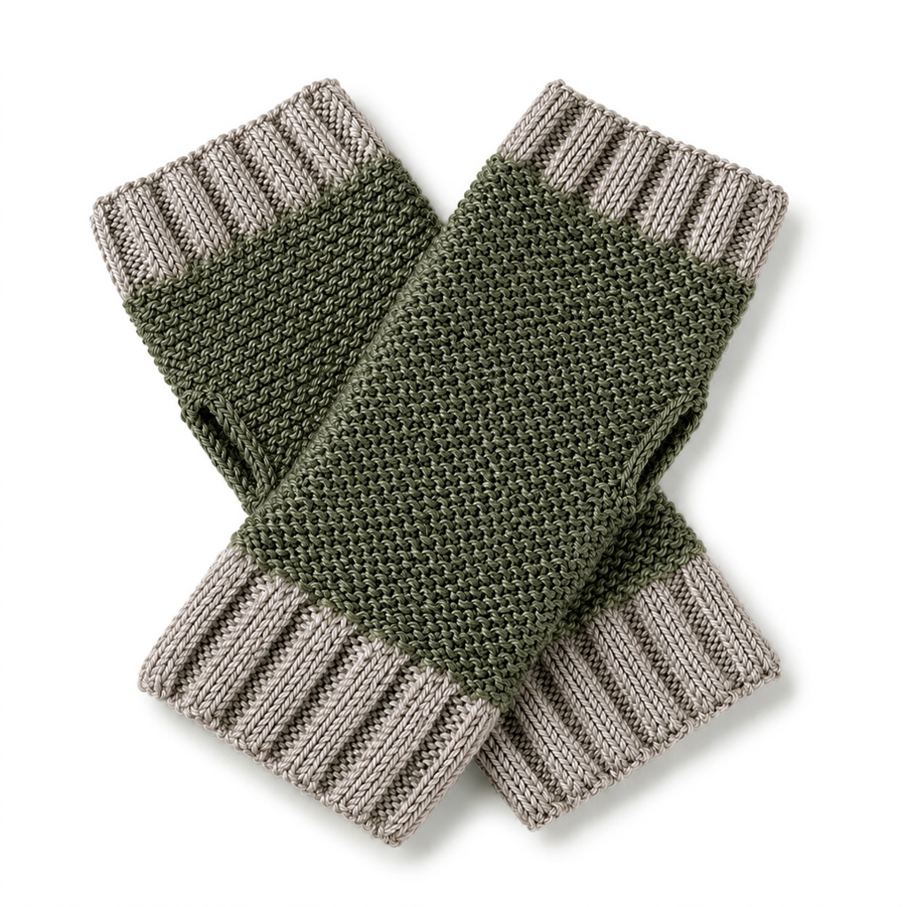 Baby alpaca fingerless gloves olive green and gray 