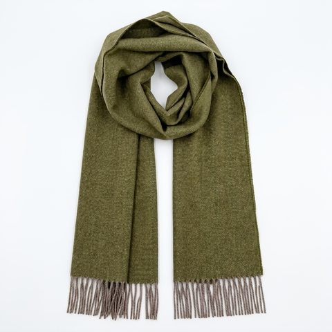 Baby alpaca scarf olive green on model 